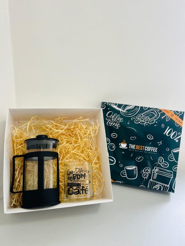 Kit 02 (Prensa francesa,caneca decorada,palhas, caixa personalizada)