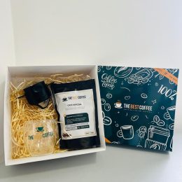 Kit 04 (Caneca dois fundos, mini coador, café 250g, palhas, caixa personalizada)